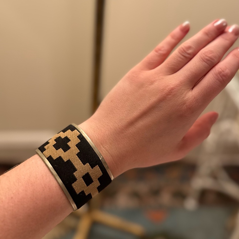 Alpaca Silver Cuff Bracelet Woven Pampa Guard Design | Adjustable | Black, Beige